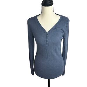 Time and Tru Blue Ribbed Henley Long Sleeve Top M